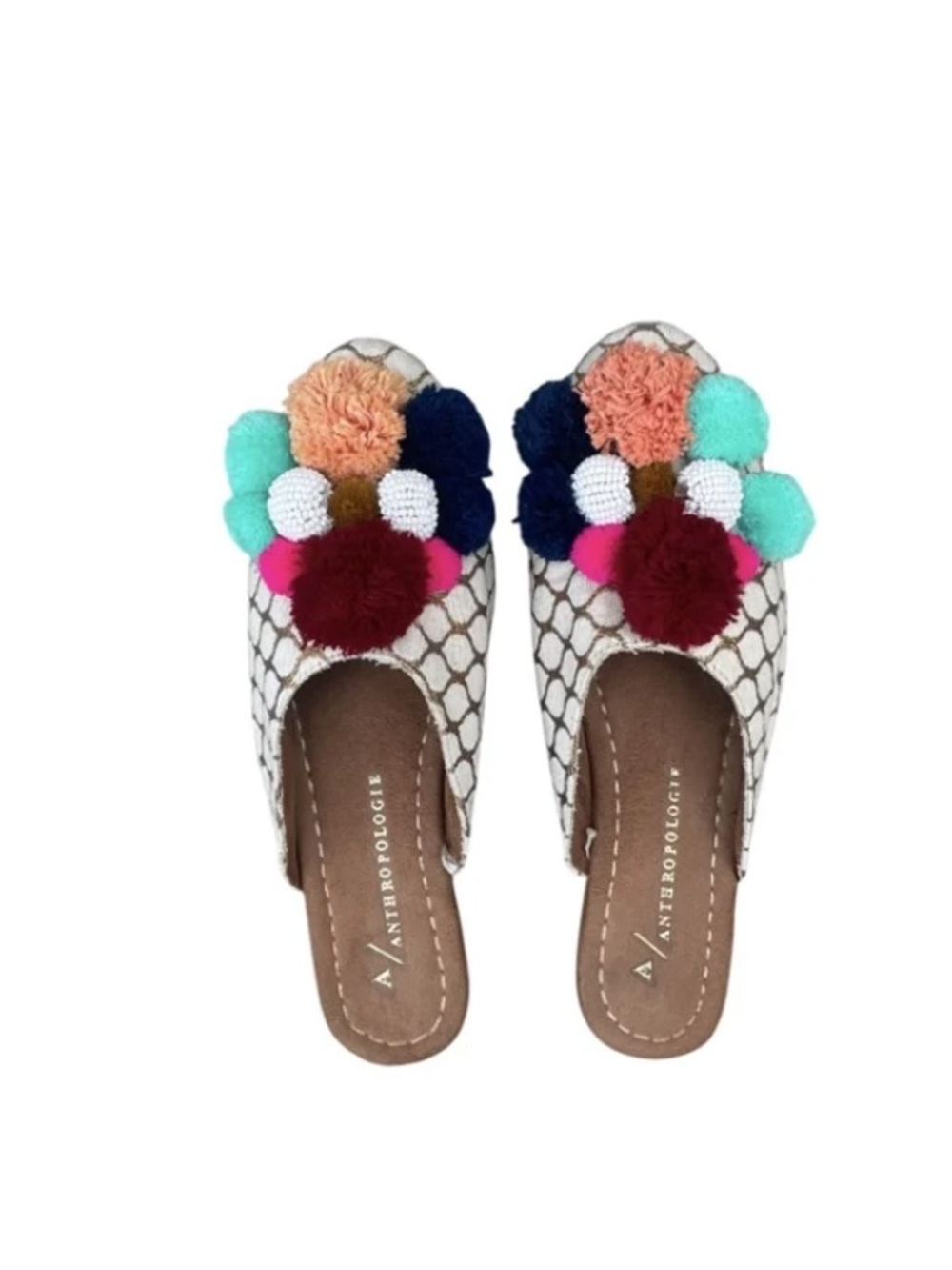 Anthropologie Figue Iris Pom Pom Mules Slides Diamond Ikat EUC Sz 6